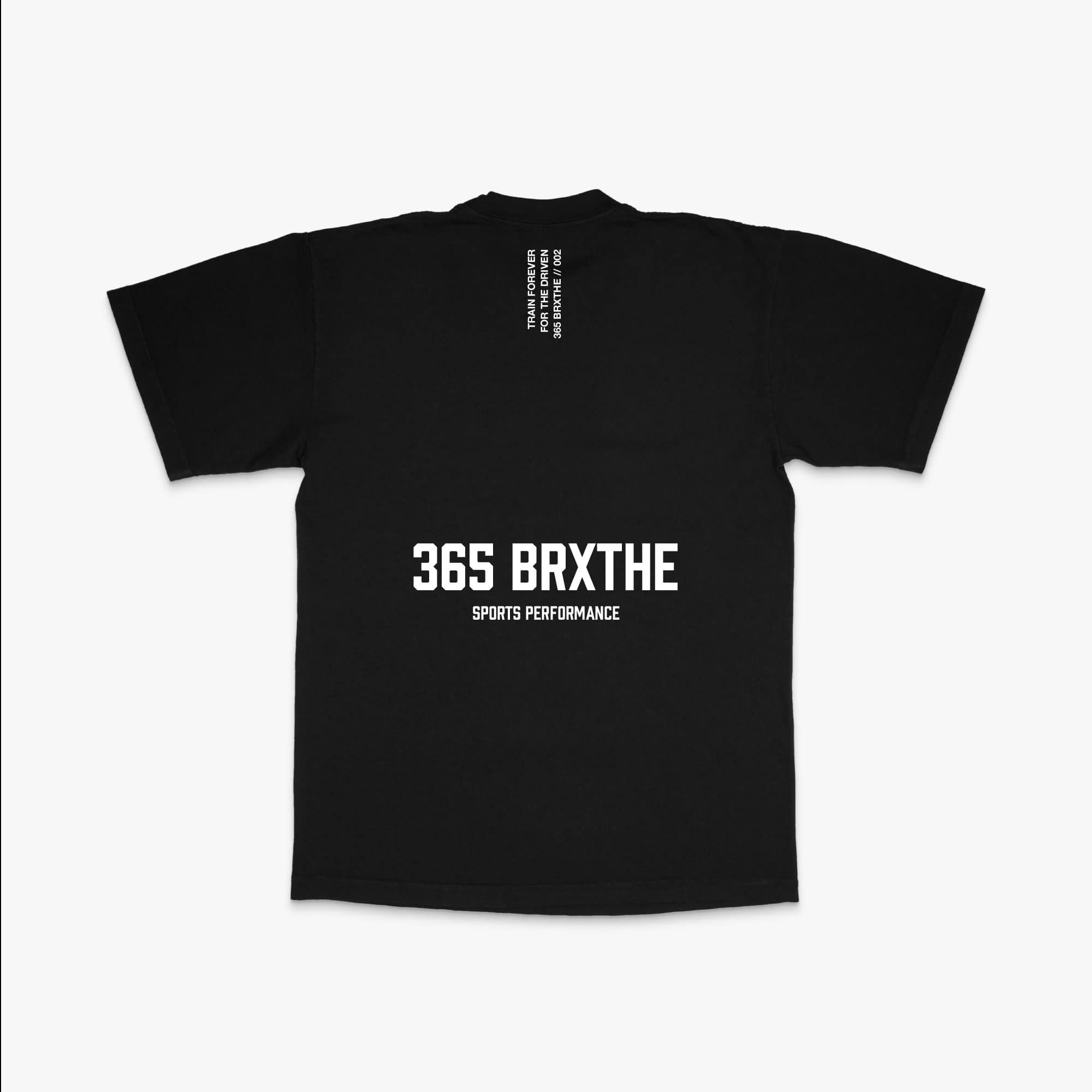 365 Core tee in black with white BRXTHE sports performance back print