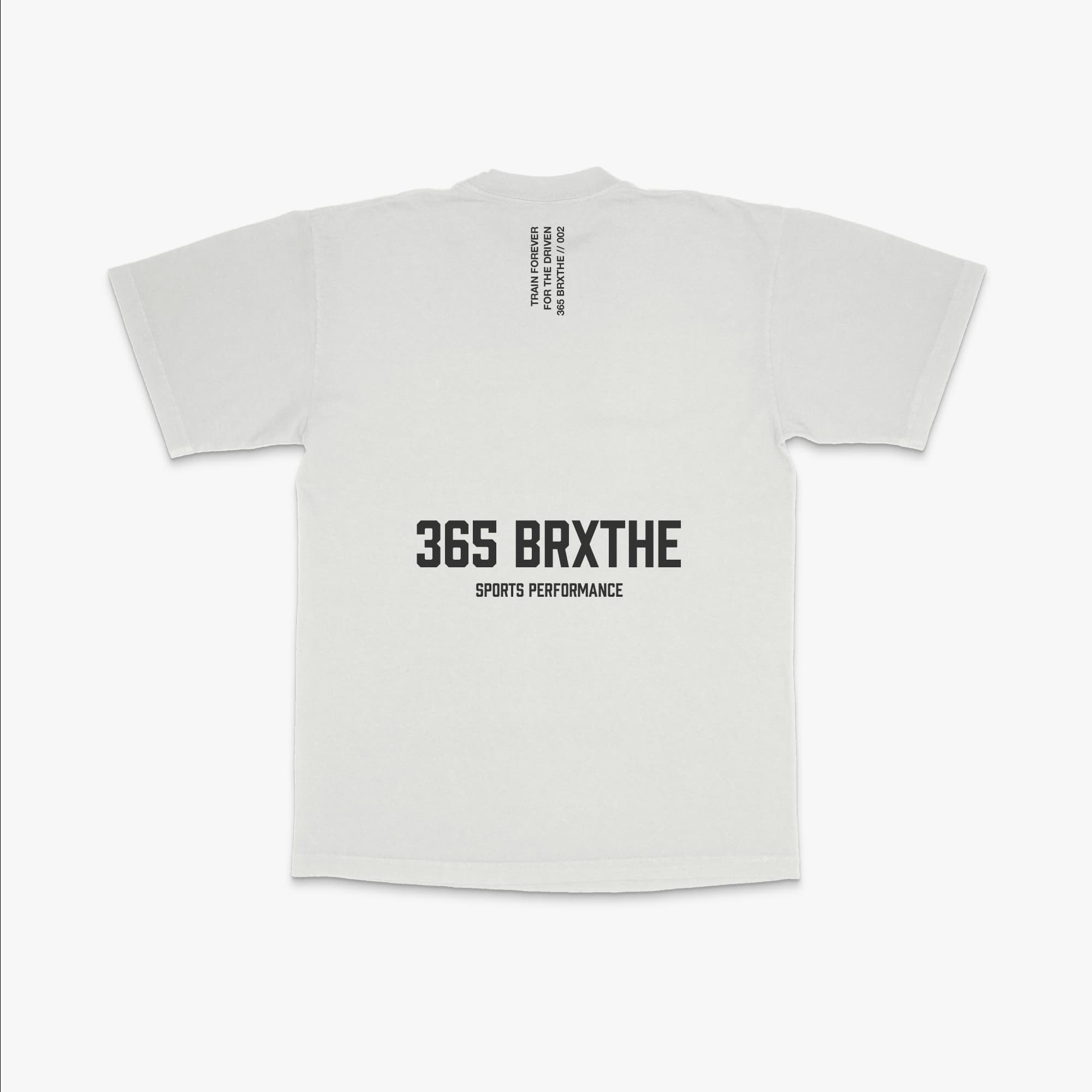 365 Core tee in white with black BRXTHE sports performance back print