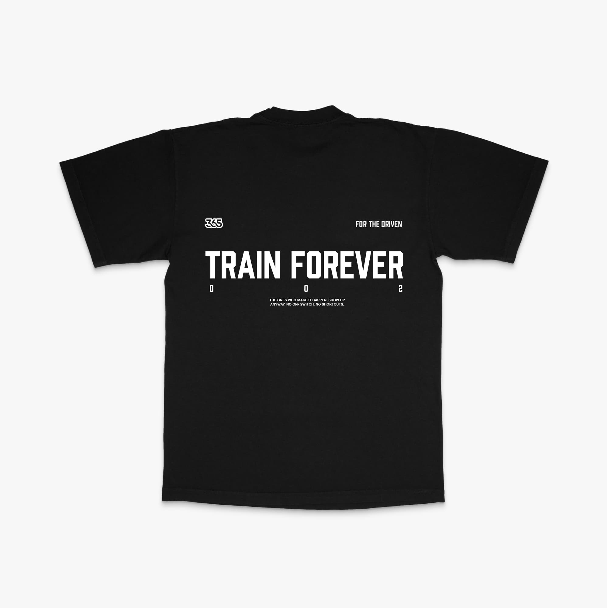Men’s black athletic fit t-shirt back view Train Forever graphic gym shirt