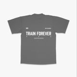 Men’s gray athletic fit t-shirt back view Train Forever gym graphic shirt